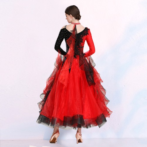 Red with black competition ballroom dance dresses for female professional rhinestones embroidered waltz tango dance gown for women